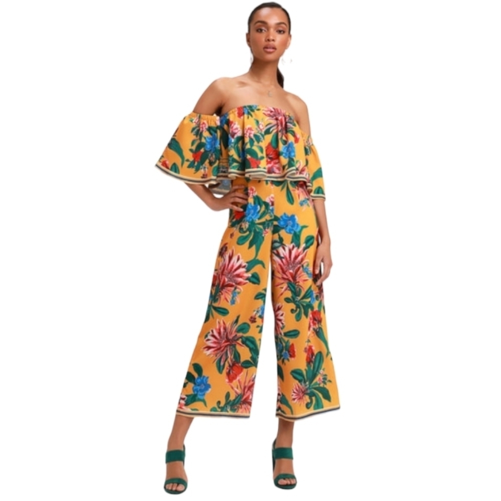 LULUS Honolulu Golden Yellow Floral Print Off-the-Shoulder Jumpsuit‎ Womens Sz L